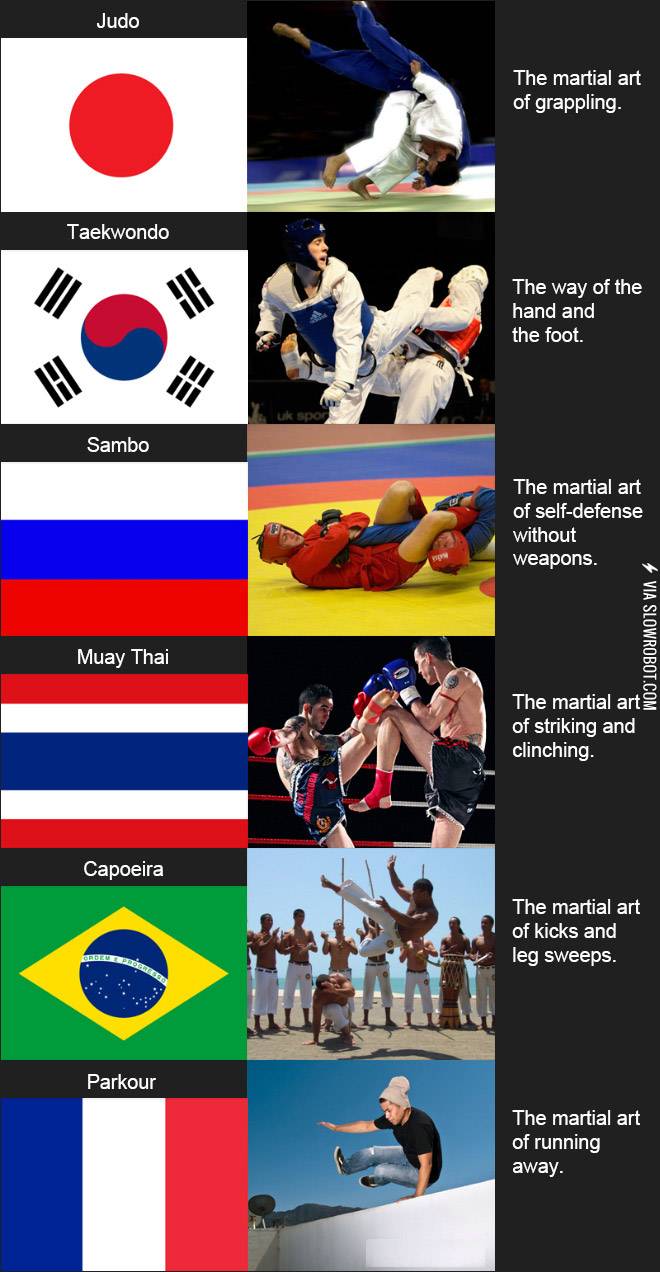 Martial arts from different countries.
